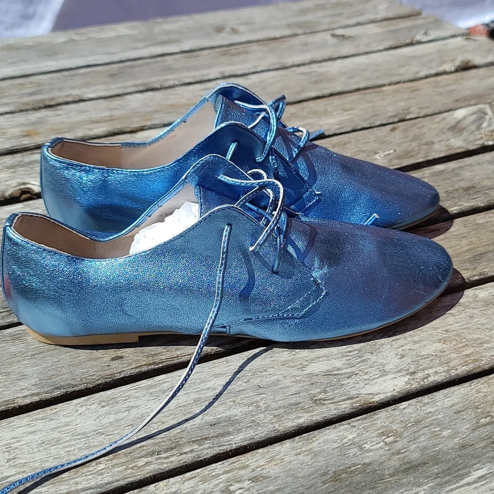 Candela metallic blue leather dance shoes, flats. - Picture 2 of 5